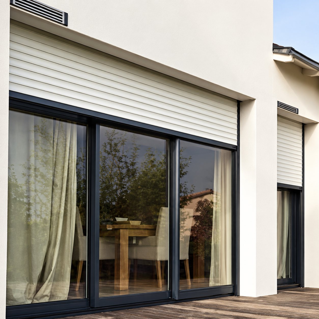 Grande baie vitrée coulissante à cadre anthracite surmontée d'un volet roulant beige, sur la façade blanche d'une maison avec terrasse en bois.