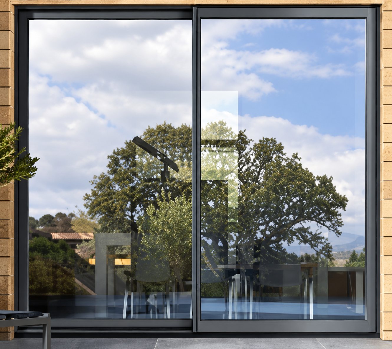Une grande baie vitrée coulissante à cadre anthracite installée dans un mur en bois, dont les vitres reflètent un grand arbre et le ciel nuageux.