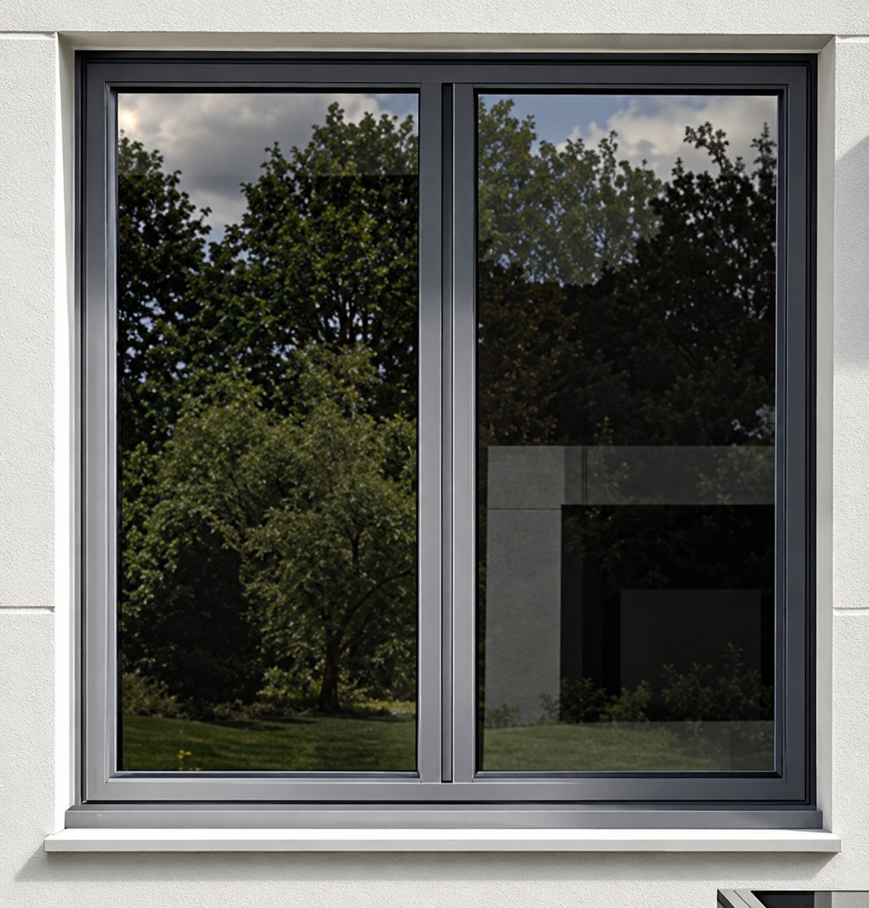 Une fenêtre à deux vantaux avec un cadre gris anthracite, posée dans un mur blanc, qui reflète des arbres.