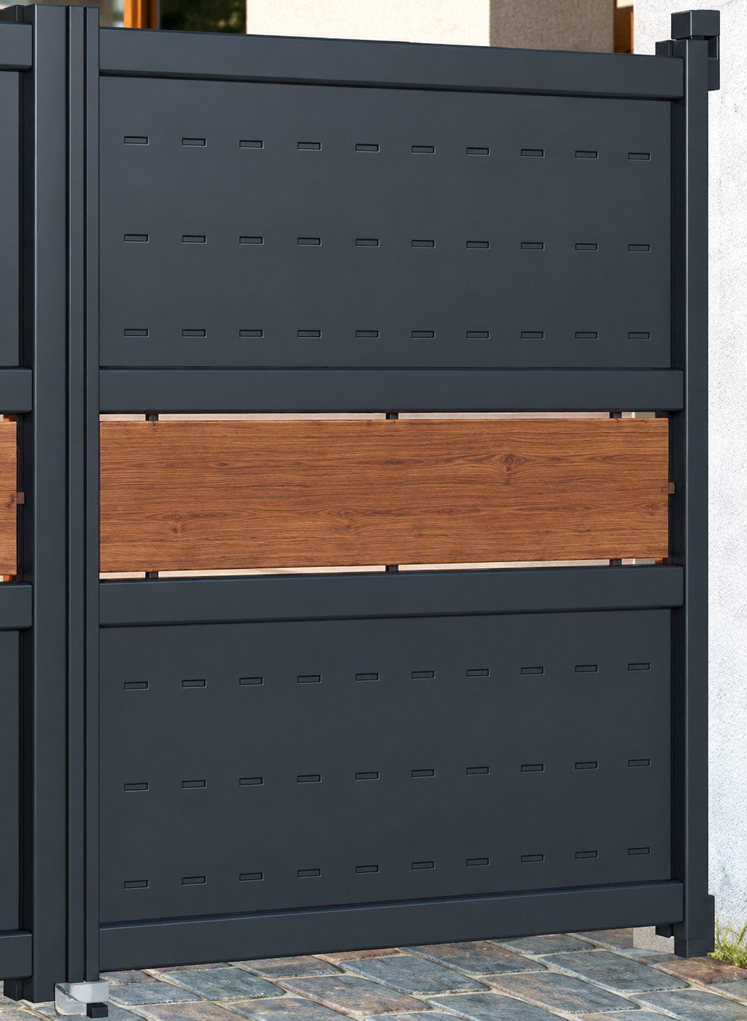 Portail ou panneau de clôture en métal gris anthracite perforé, orné d'un bandeau horizontal en lames de bois au centre.