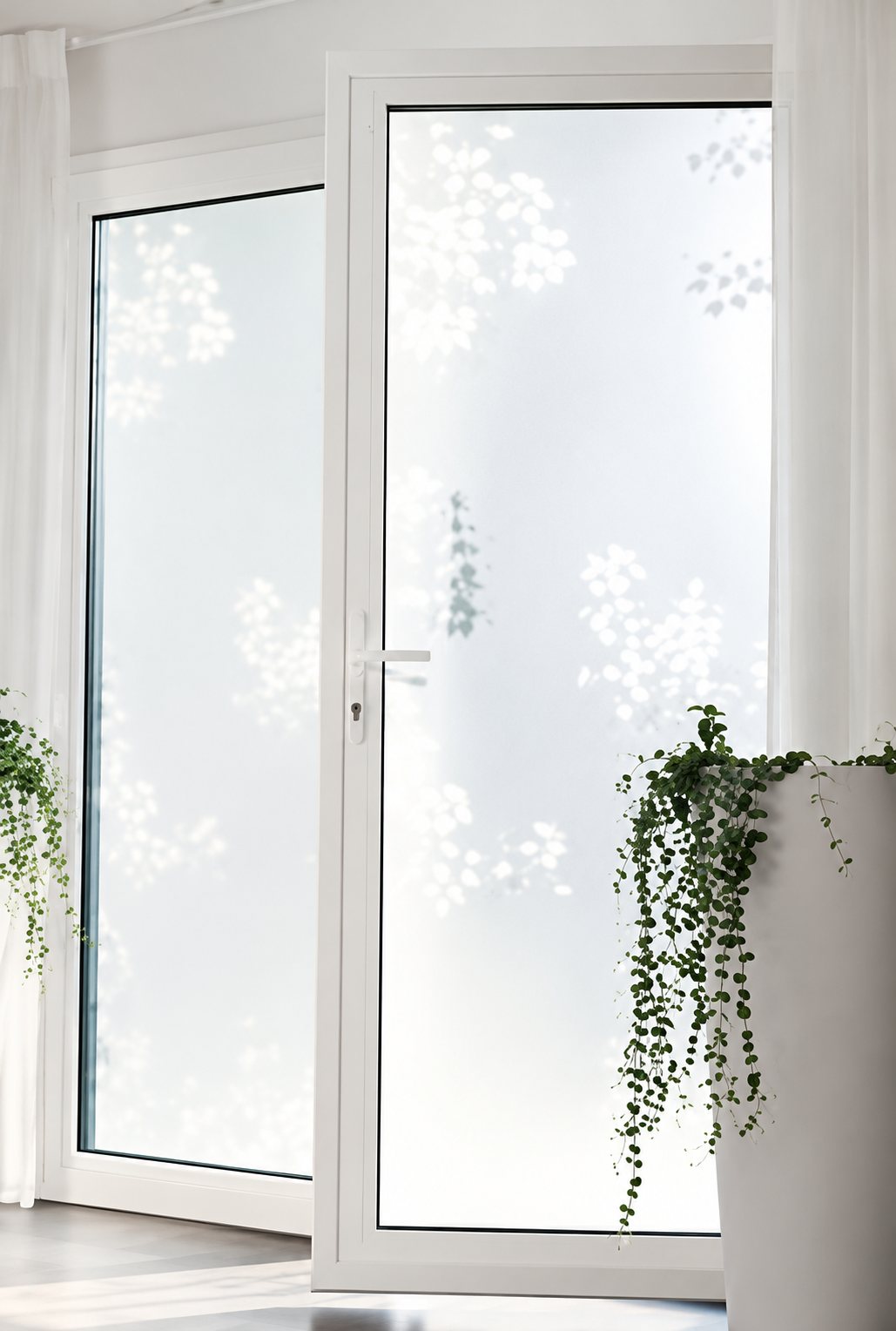 Une porte-fenêtre blanche dont la vitre est recouverte d'un film dépoli à motifs de fleurs, encadrée de deux plantes retombantes en pot.