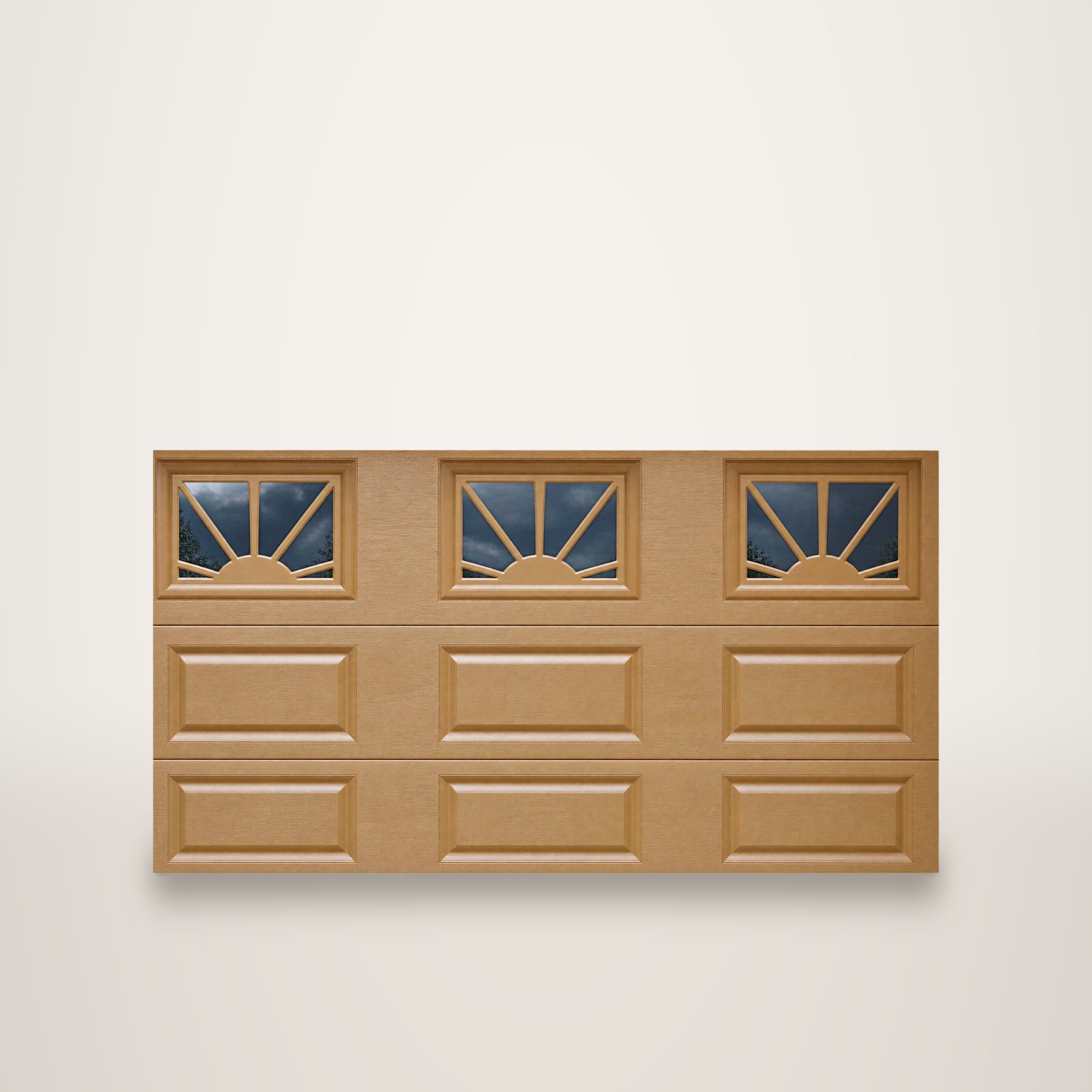 Porte de garage sectionnelle beige, hublots décoratifs