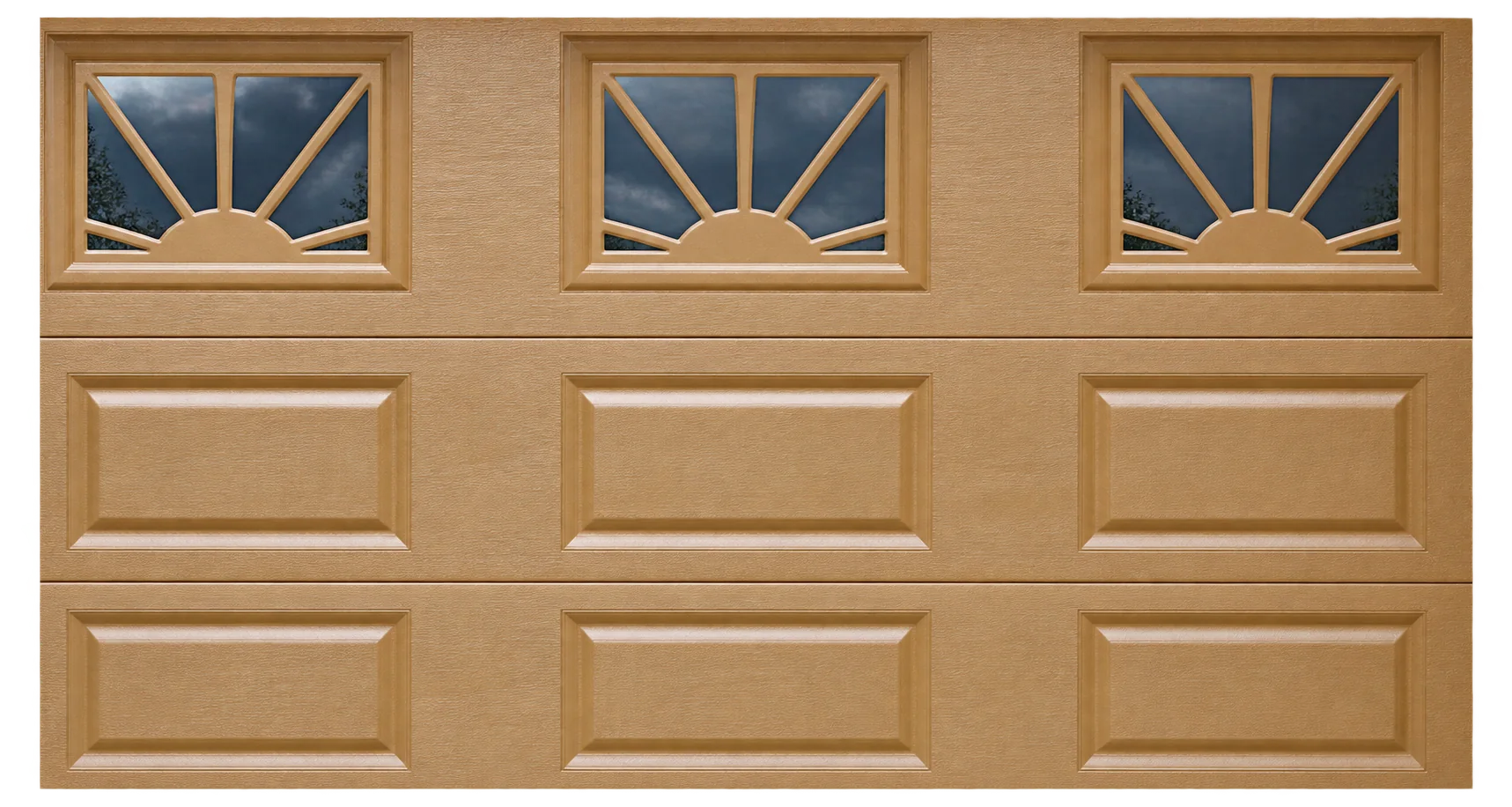 Porte de garage sectionnelle beige, hublots décoratifs